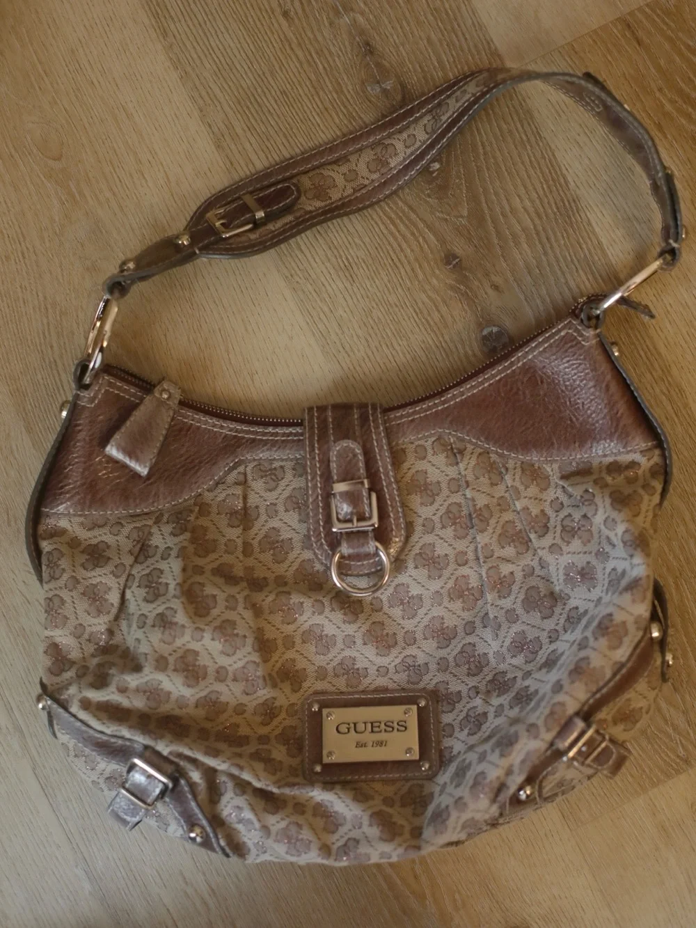 Guess Monogram Hobo Shoulder Bag Brown Canvas Faux Leather Y2K